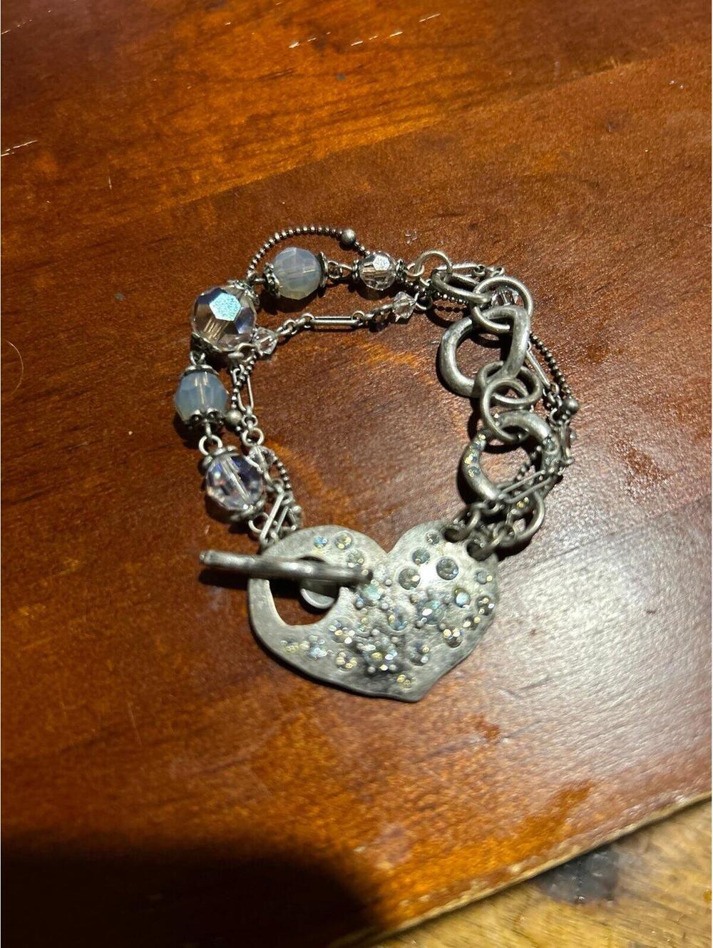 Unique Front Toggle Abstract Heart with Rhinestones Multi Chain Bracelet